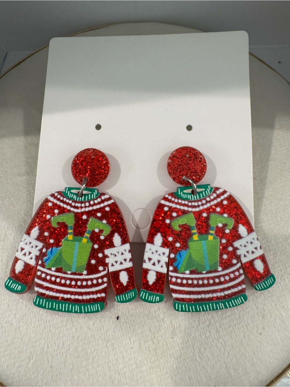 Red Glitter Holiday Sweater Earrings with Green Gift Design